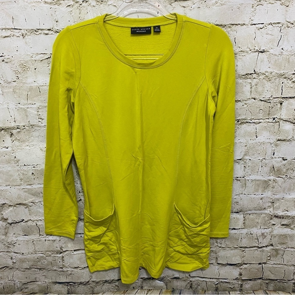 Susan Graver Weekend Chartreuse Green Front Pockets Tunic Top